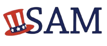Logo featuring the word "SAM" in blue letters, with a red top hat inclined over the "S", decorated with white stars and a blue band for webpage structure.