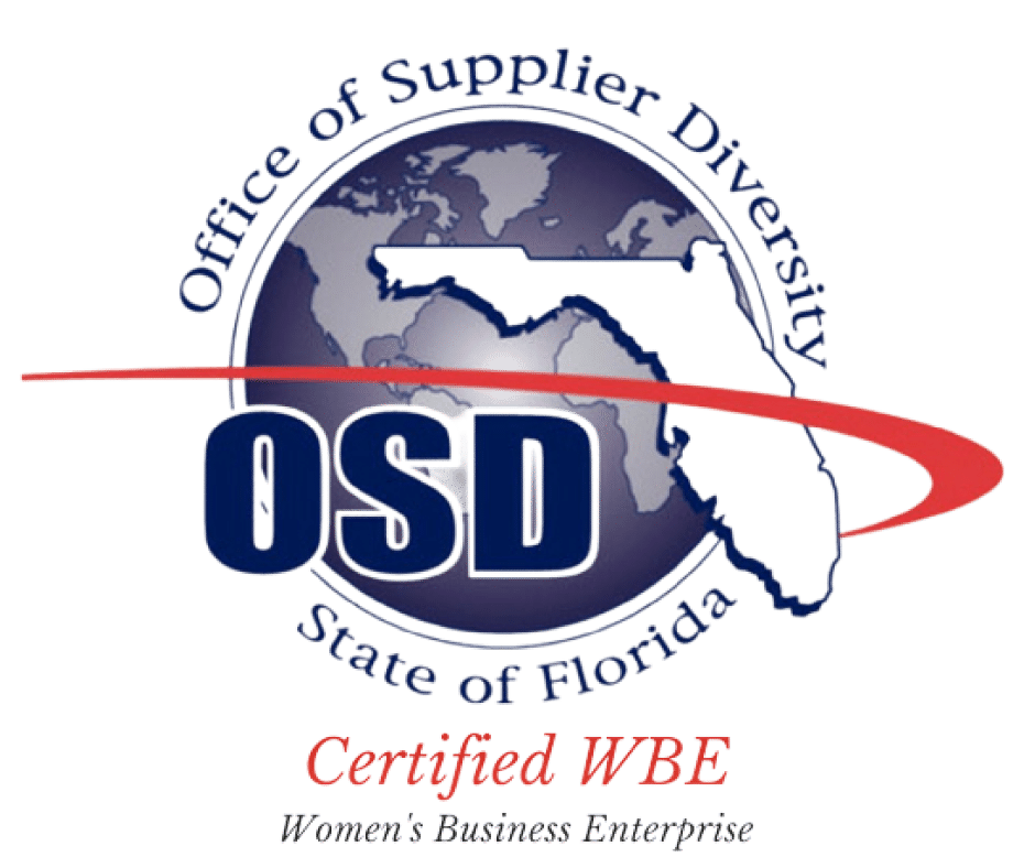 Logo of the Office of Supplier Diversity, State of Florida, featuring a globe with Florida highlighted, and labeled "Certified WBE, Woman’s Business Enterprise.